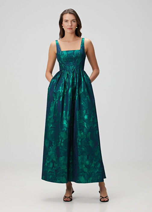 Aidan Mattox - Green Foil Patterned Midi Evening Dress