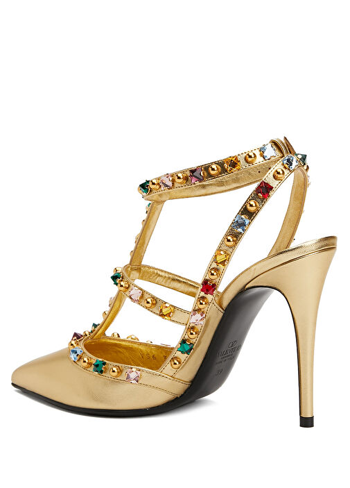 Rockstud Gold Deri Topuklu Ayakkabı - Görsel 4