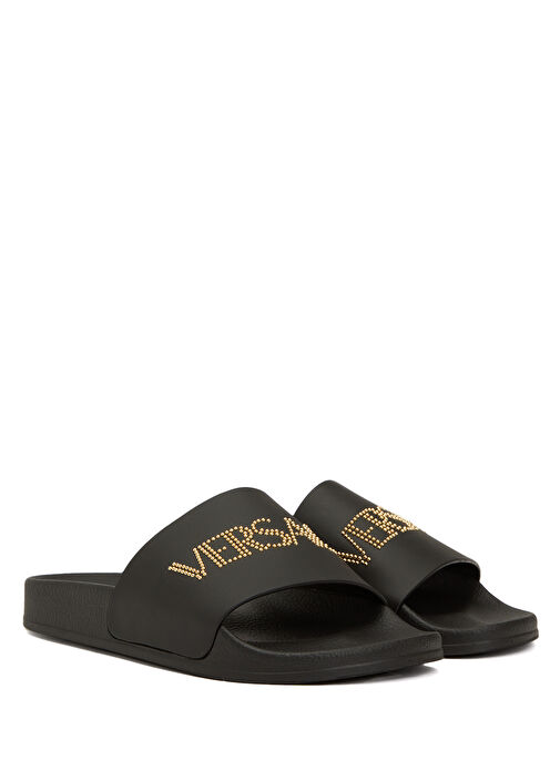 Siyah Gold Logo Detaylı Unisex Deri Terlik - Görsel 3