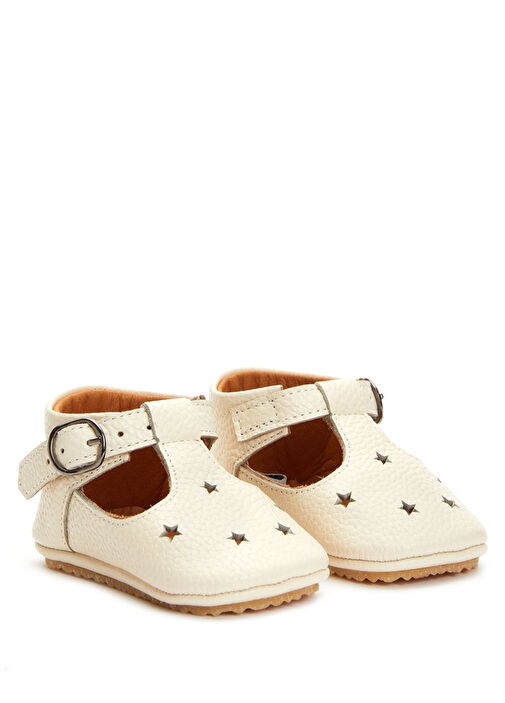 Ekru Yıldızlı El Yapımı Unisex Bebek Deri Ayakkabı - Görsel 3