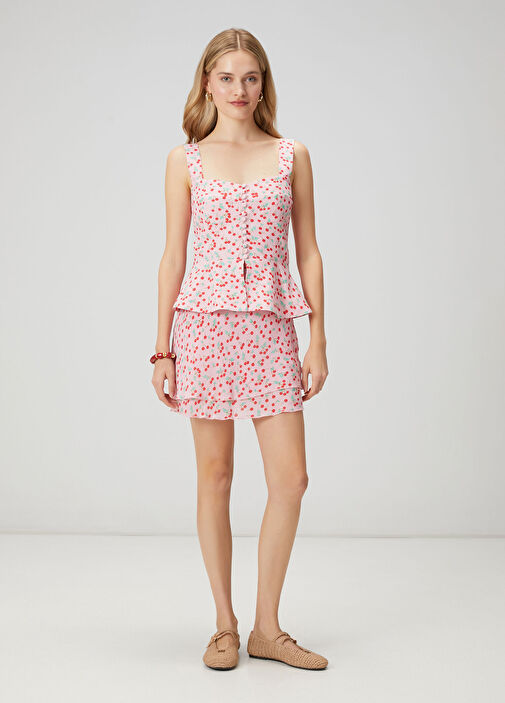 Pembe Kiraz Desenli Mini Etek