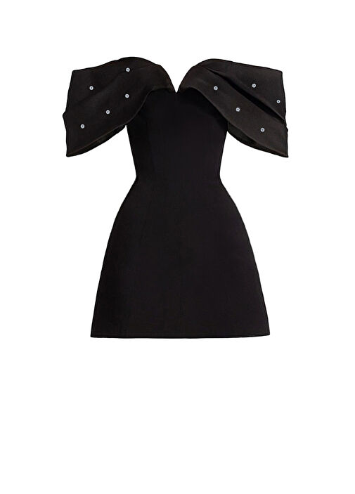 İlya Siyah Saten Kalp Yaka Kadın Mini Abiye Elbise