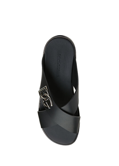 Siyah Logolu Erkek Deri Sandalet - Görsel 5
