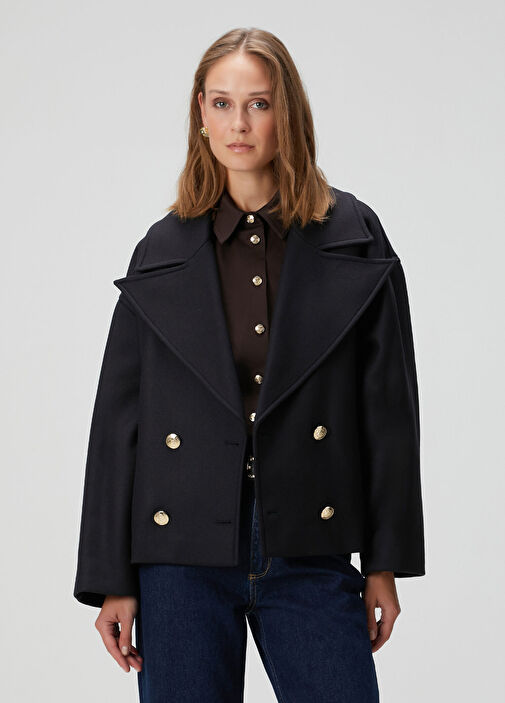 Lacivert Kruvaze Yün Kaban