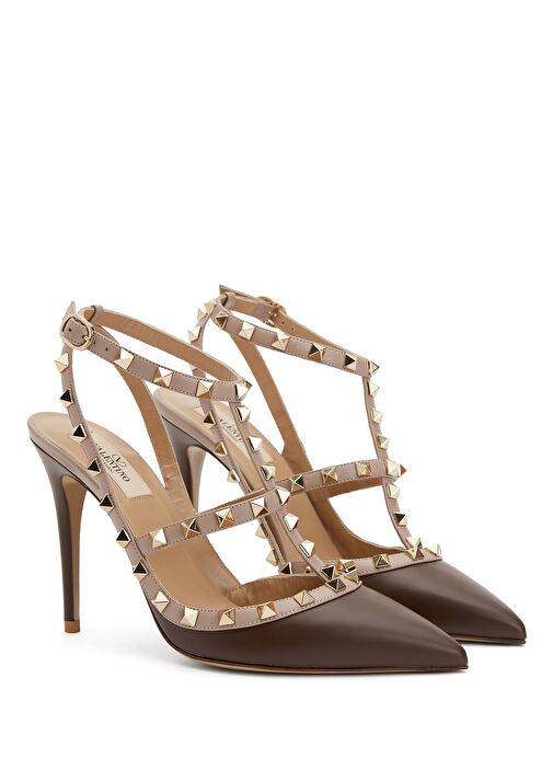 Rockstud Kahverengi Deri Topuklu Ayakkabı - Görsel 3