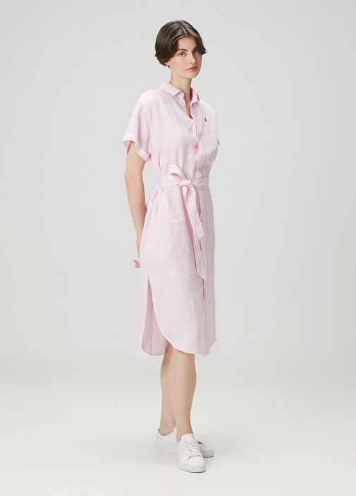 Polo Ralph Lauren - Pink White Midi Linen Dress Polo Ralph Lauren - Pink White Midi Linen Dress