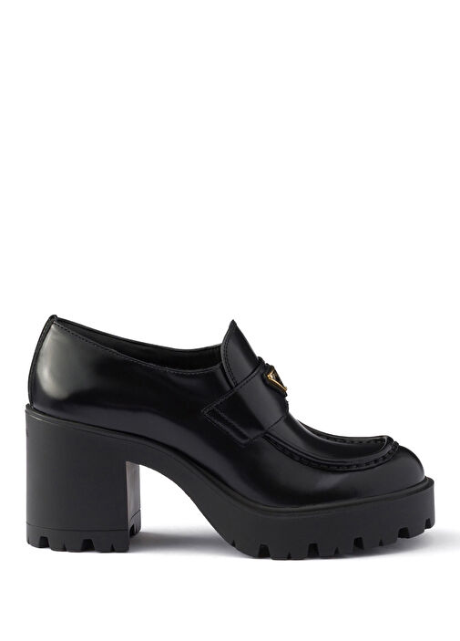 brushed leather prada loafer pumps Prada Black Brushed Leather Thick Heels Women's Loafer