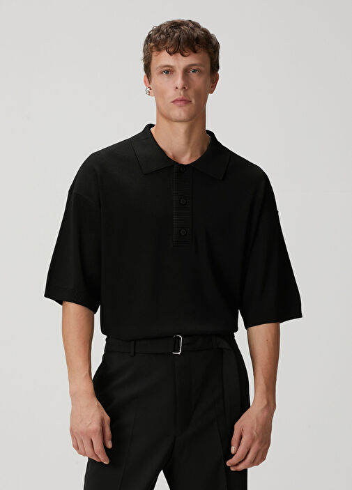 Siyah Polo Yaka Kısa Kollu Oversized Triko