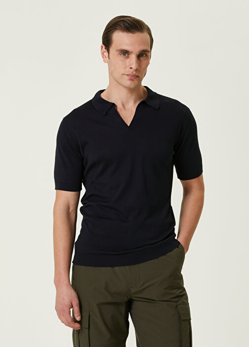 John Smedley - Noah Navy Blue Polo Neck Short Sleeve Knitwear