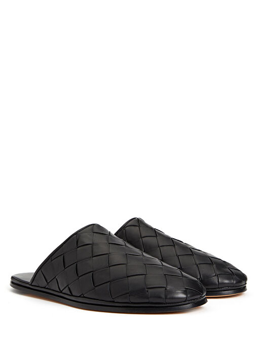 Siyah Örgü Dokulu Erkek Deri Terlik - Görsel 3