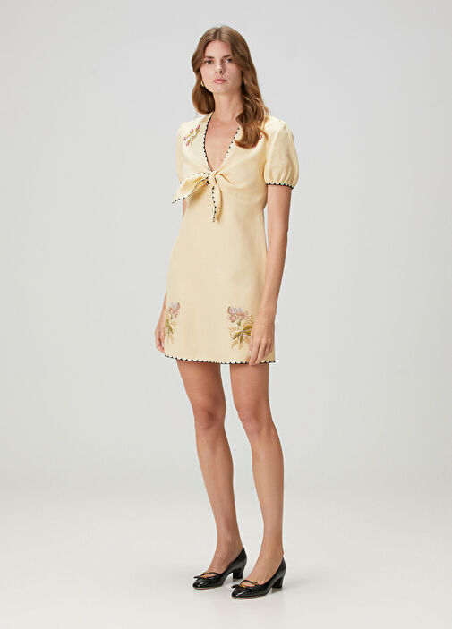 Valentino - Krem Çiçek Nakışlı Mini Elbise - Krem