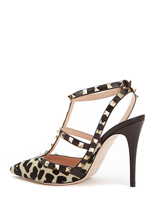 Rockstud Kahve Beyaz Deri Topuklu Ayakkabı - Görsel 4