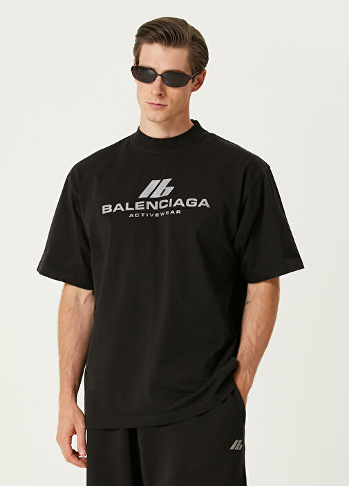 トップス BALENCIAGA T-shirt Balenciaga - Siyah Gri Logo Baskılı T-shirt - Siyah-Gri