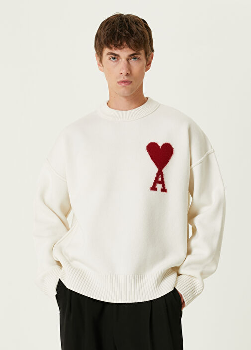 AMI PARISニット Ami Paris - Beyaz Logo Jakarlı Yün Kazak - Beyaz