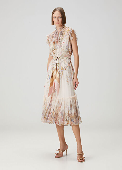 Rebellion Flutter Krem Çiçekli Midi Elbise
