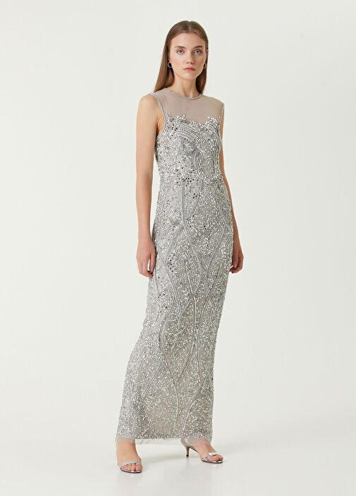 Aidan Mattox - Silver Embroidered Maxi Evening Dress