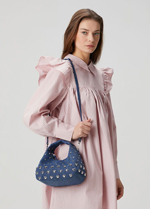 Ganni Gümüs-Mavi Kadın Silver Mavi Kalpli Troklu Kadın Denim Hobo