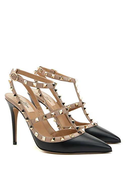 Rockstud Siyah Bej Deri Topuklu Ayakkabı - Görsel 3