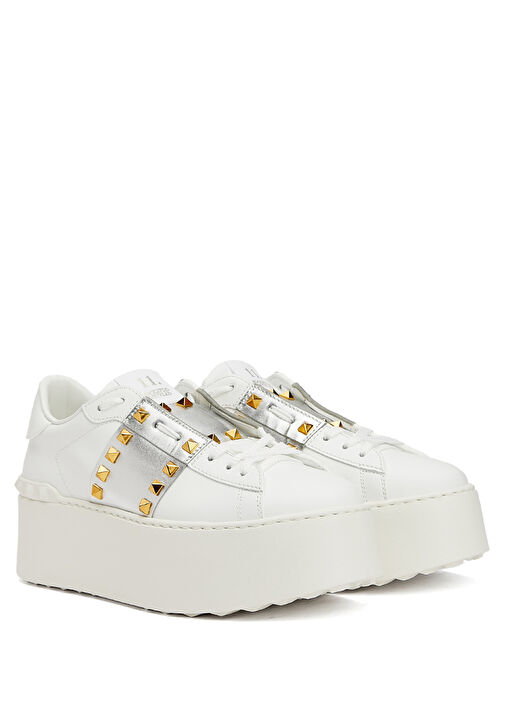 Flatform Rockstud Beyaz Silver Kadın Deri Sneaker - Görsel 3