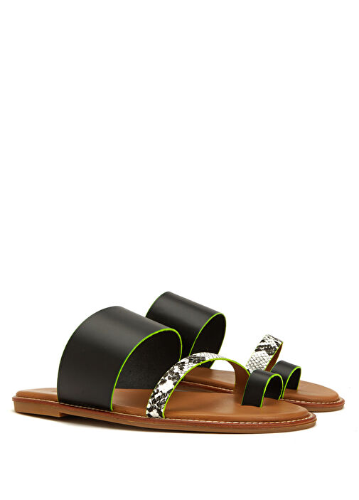 Siyah Leopar Desen Bantlı Kadın Deri Terlik - Görsel 3