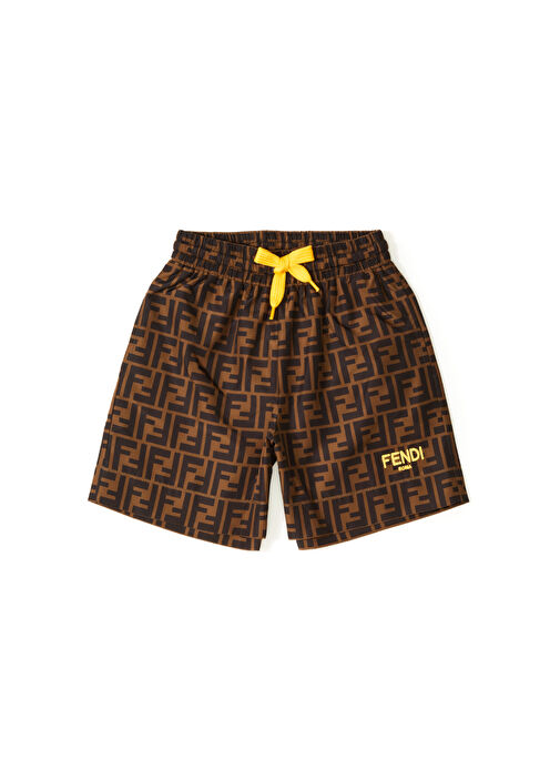 Fendi Brown Yellow Logo Boys' Swim Shorts