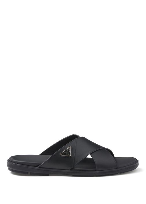 Prada Black Cross-Band Logo Slides for Men PRADA Leather Crisscross Slides Band Sandals 4X2207 Black  main image 2