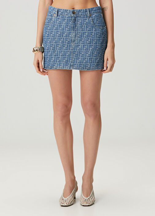 Fendi - Blue Logo Patterned Denim Mini Skirt