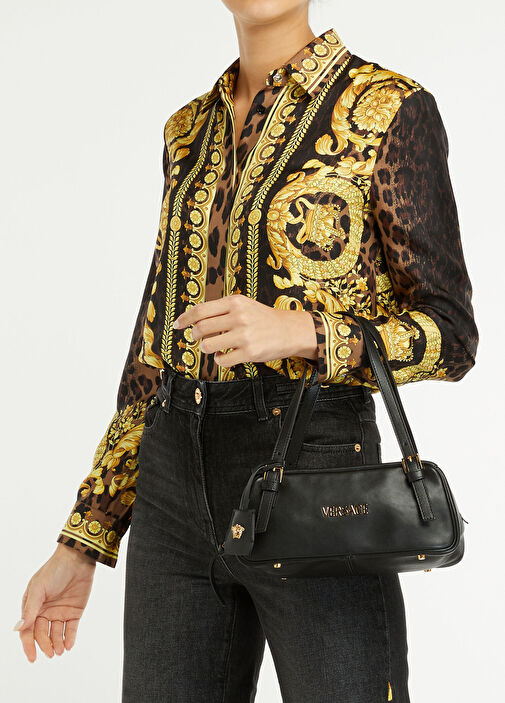 Versace - Tag Bowling Siyah Gold Kadın Deri Çanta - Siyah-Altın
