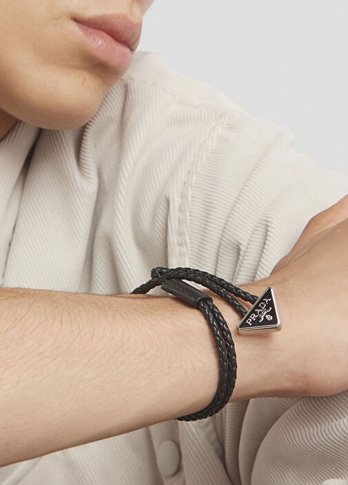 Black Prada Black Men Knit Napa Leather Bracelet 1339038 | Beymen