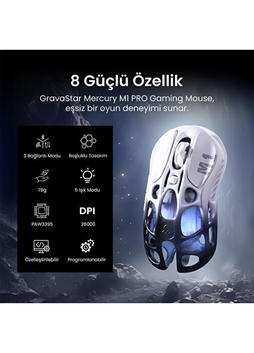 Gravastar - Mercury M1 Pro RGB Siyah Beyaz Optik Kablosuz Gaming
