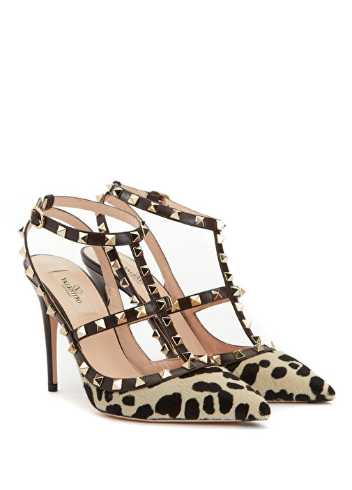 Rockstud Kahve Beyaz Deri Topuklu Ayakkabı - Görsel 3