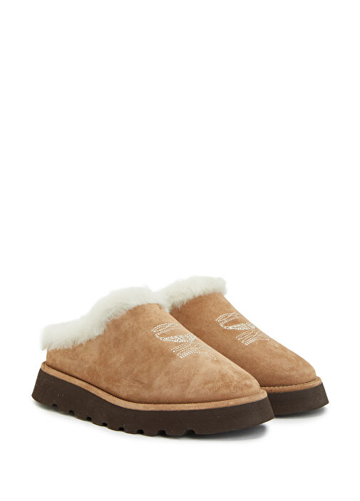 Taba Shearling Detaylı Kadın Deri Terlik - Görsel 3