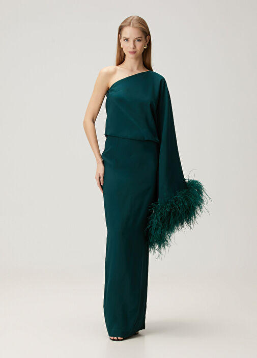 green emerald velvet dress Feather-Trimmed Maxi Dress