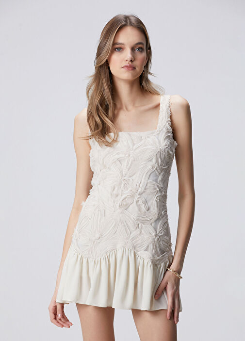 Kırık Beyaz Desenli Mini Abiye Elbise