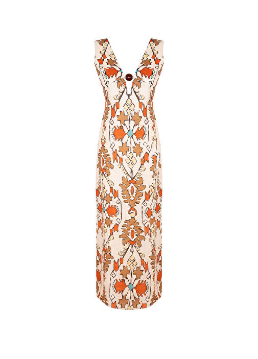 Elissa Studio - Serena Ethnic Patterned V-Neck Sleeveless Linen Women's Long Dress Elissa Studio - Serena Ethnic Patterned V-Neck Sleeveless Linen Women's Long Dress