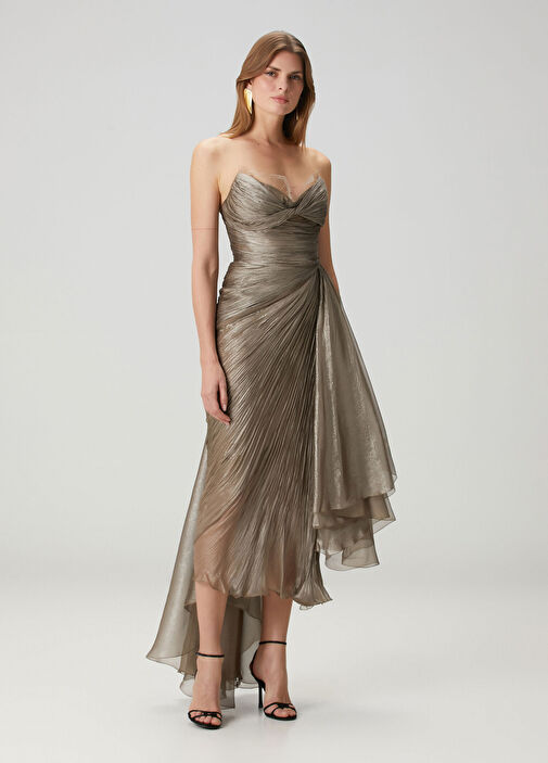 Jolie Kahverengi Maksi İpek Abiye Elbise