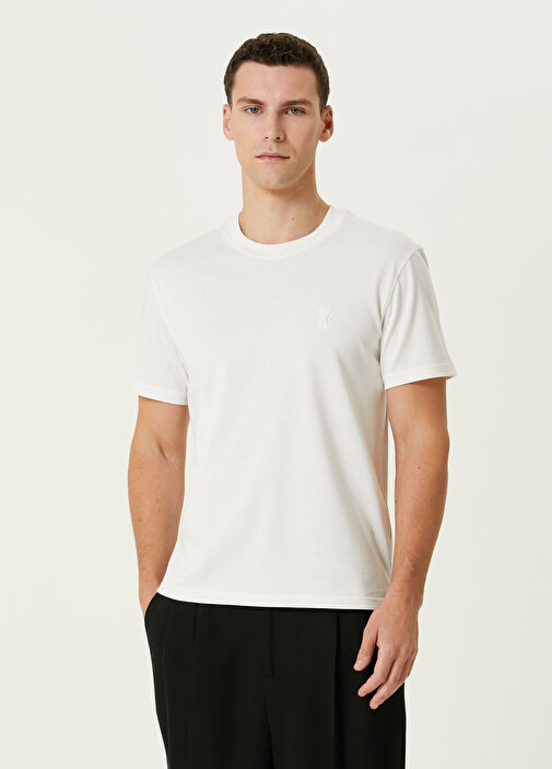 Ami Paris - Beyaz Logo Nakışlı T-shirt - Beyaz