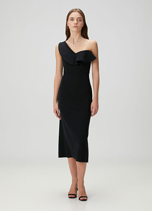 Siyah Tek Omuzlu Midi Kokteyl Elbise
