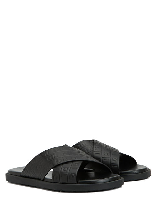 Siyah Logo Motifli Erkek Deri Terlik - Görsel 3