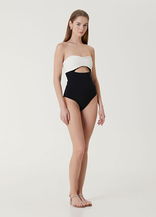 Black and white strapless swimsuit on sale