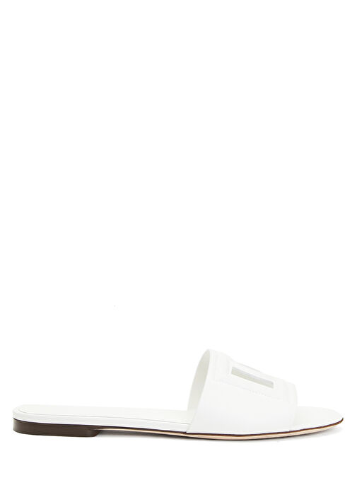 Beyaz Logo Detaylı Kadın Deri Terlik - Görsel 2