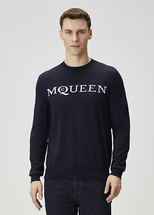McQueen Lacivert Erkek Lacivert Logo Jakarlı Yün Kazak 1891831