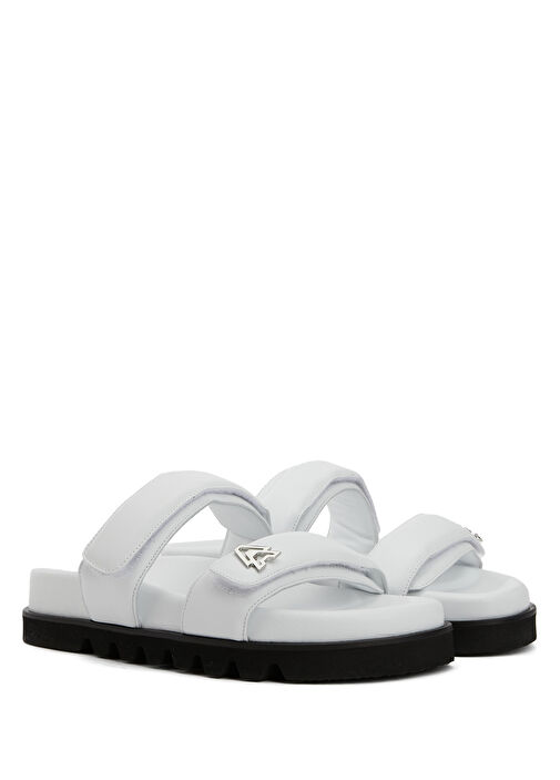 Beyaz Çift Kemerli Kadın Puff Deri Terlik - Görsel 3