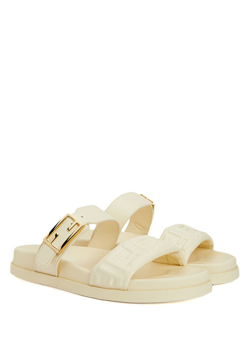 Ekru Logo Desenli Kadın Deri Terlik - Görsel 3