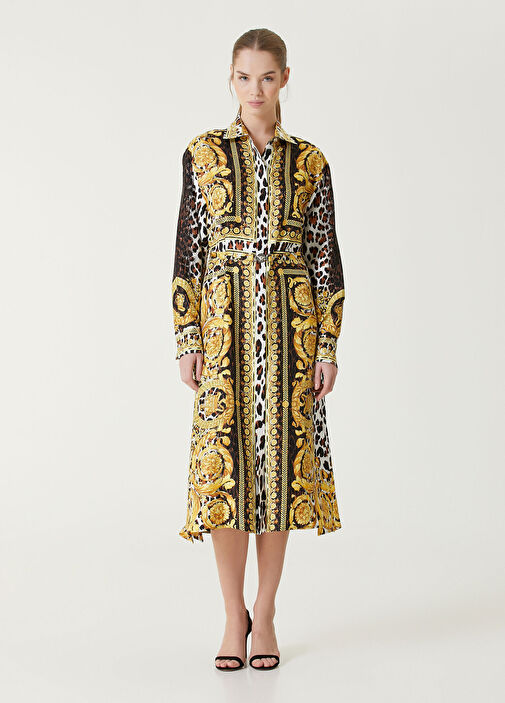 Versace - Yellow Leopard Printed Midi Silk Shirt Dress