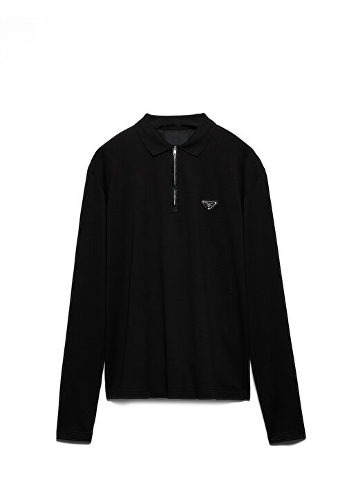 Prada Siyah Erkek Pike ve Re-Nylon Uzun Kollu Polo Tişört 1533486  