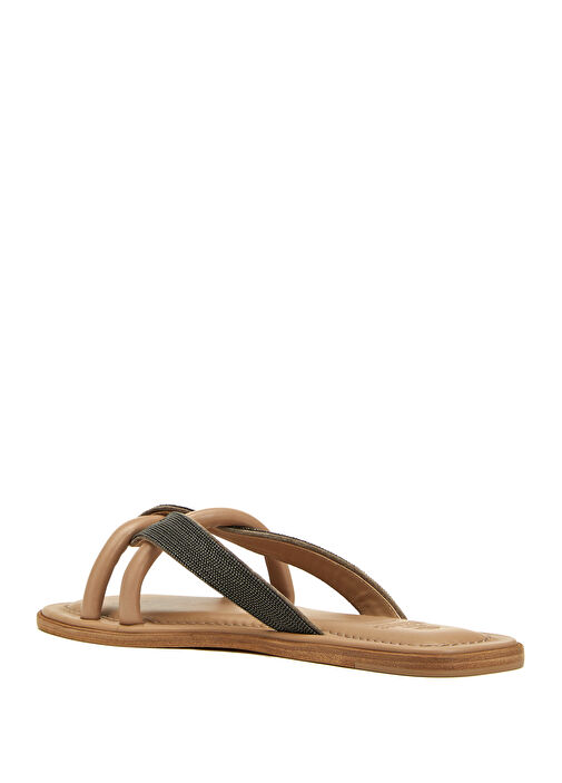 Bej Mikro Taş Detaylı Kadın Deri Terlik - Görsel 4