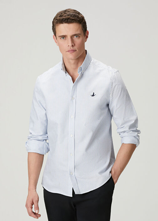 Comfort Fit Mavi Beyaz Çizgi Desenli Oxford Gömlek