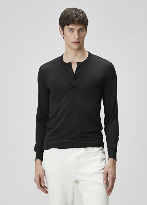 【関税&送料込み】Tom Ford 'Henley' T-Shirt Black Tom Ford Black Men Henley Black Collared Button-Down T