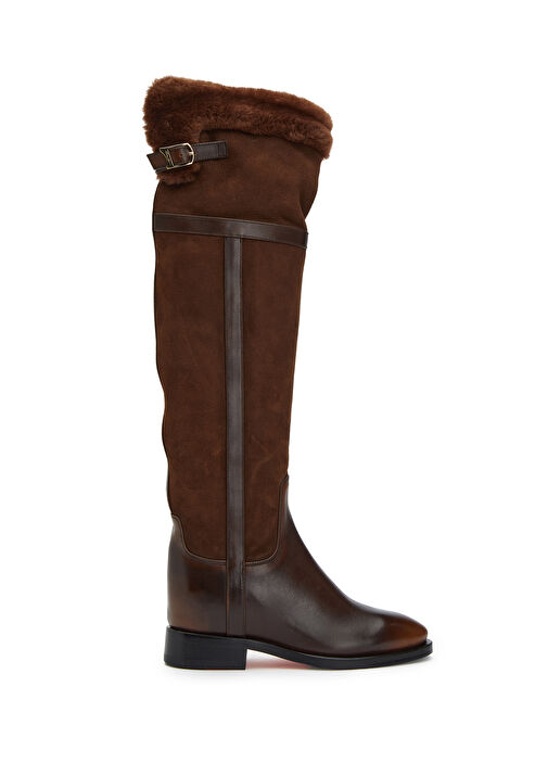 Kahverengi Shearling Detaylı Kadın Deri Çizme - Görsel 2
